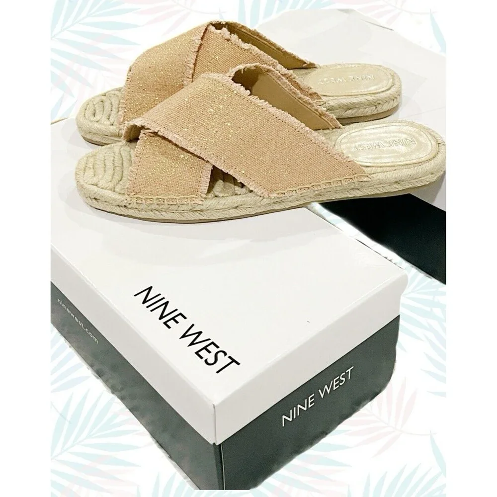 Nine West Espadrille Sandals Criss Cross Band  Blush/Khaki Gold Sparkles  9 NWT